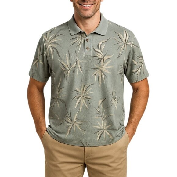Caribbean Mens XL Palm Print Polo Shirt Bamboo Green - Picture 1 of 7